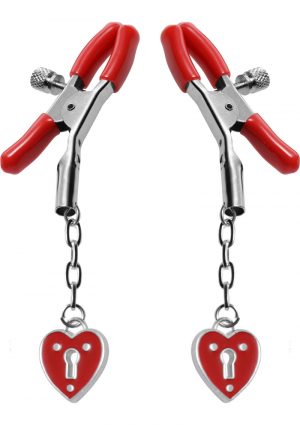 Master Series Charmed Heart Padlock Nipple Clamps Red
