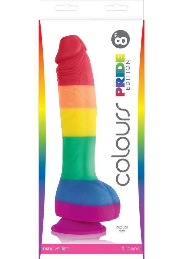 Colours Pride Edition 8in Rainbow Silicone Dildo With Balls Realistic Non-Vibrating Suction Cup Base