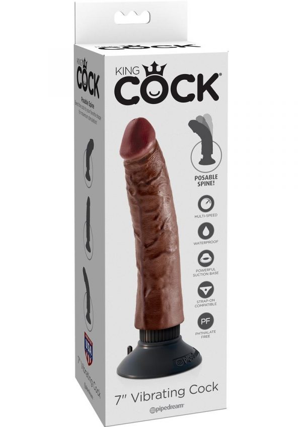 King Cock Vibrating Realistic Dildo Waterproof Brown 7 Inch