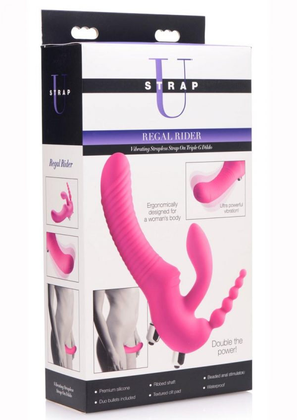 Strap U Real Rider Silicone Vibrating Strapless Strap On Triple G Dildo With 2 Bullets Waterproof Pink 9 Inches