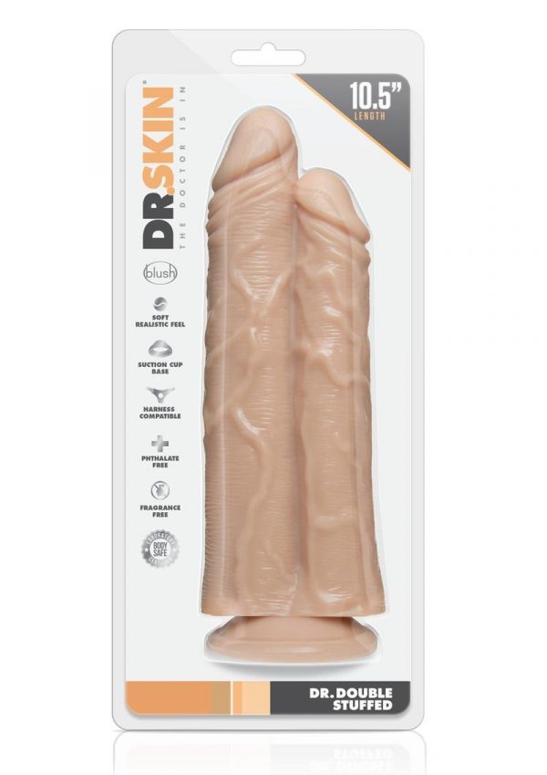 Dr Skin Dr Double Stuffed Dual Penetration Dildo Suction Cup Base Harness Compatible 10.5 Inch Vanilla