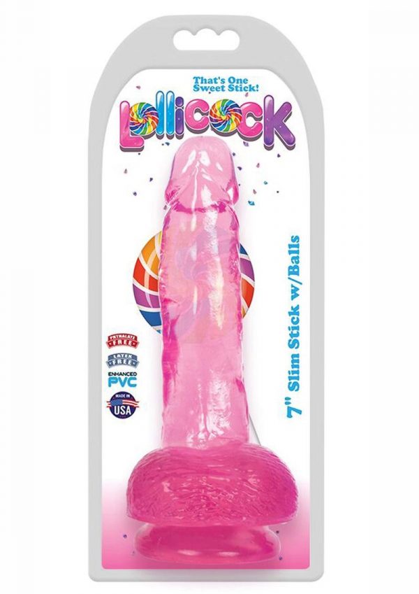 Lollicock Slim Stick Dildo With Balls 7in - Cherry Ice