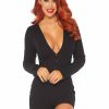 Leg Avenue Brushed Rib Romper Long Johns with Cheeky Snap Closure Back Flap - Medium/Large - Black