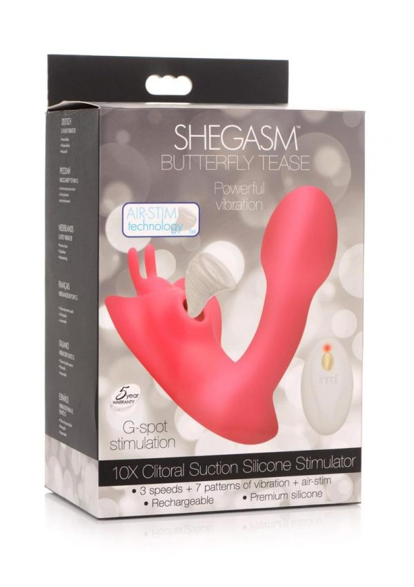 Shegasm Butterfy Tease Rechargeable Silicone 10X Clitoral Suction Stimulator with Remote Control - Pink