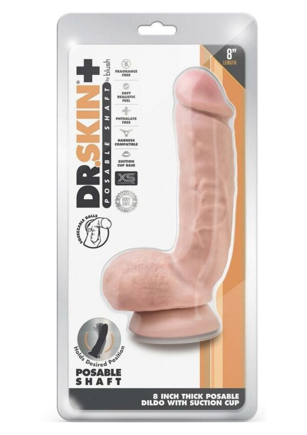 Dr. Skin Plus Thick Posable Dildo with Squeezable Balls 8in - Vanilla