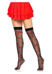 Leg Avenue Spandex Sheer Polka Dot Cherry Thigh Highs - O/S - Black/Red