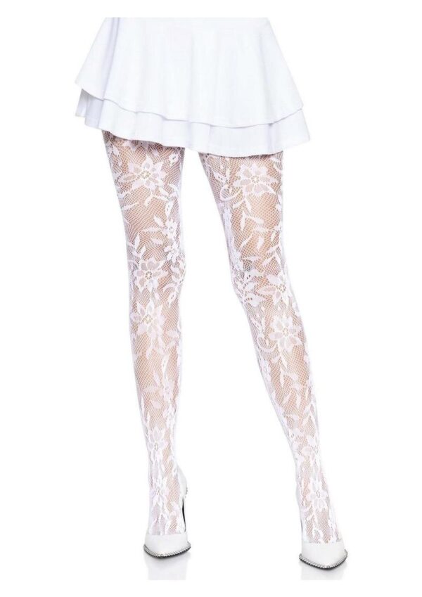 Leg Avenue Seamless Chantilly Floral Lace Tights - O/S - White