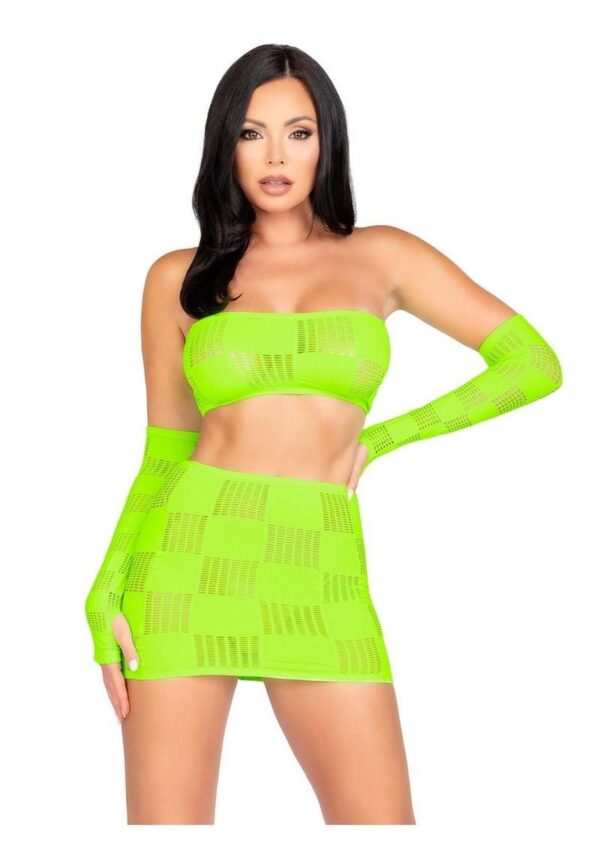 Leg Avenue Checkerboard Net and Opaque Bandeau Mini Skirt and Arm Warmers - O/S - Neon Green