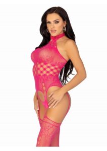 Leg Avenue High Neck Halter Hardcore Net and Lace Suspender Bodystocking - O/S - Raspberry