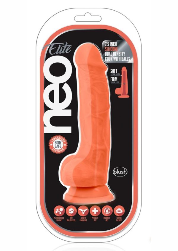 Neo Elite Silicone Dual Density Dildo with Balls 7.5in - Neon Orange