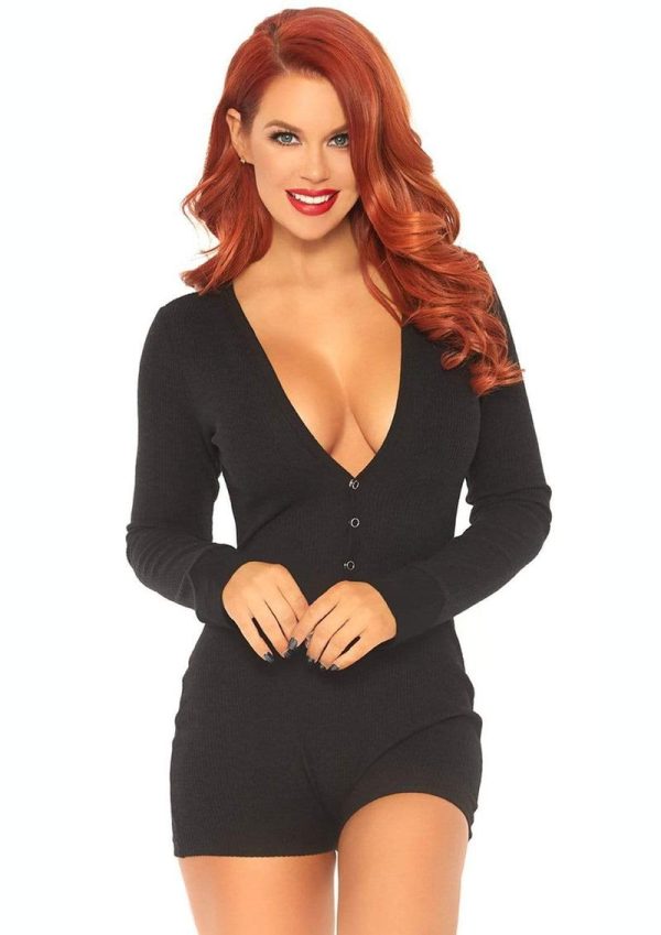 Leg Avenue Brushed Rib Romper Long Johns with Cheeky Snap Closure Back Flap - X-Large - Black