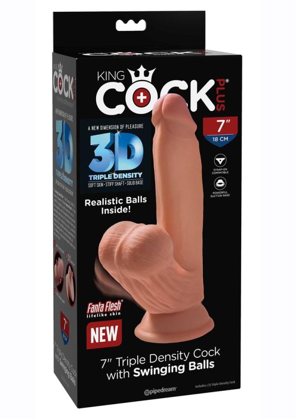 King Cock Plus Triple Density Dildo with Swinging Balls 7in - Caramel