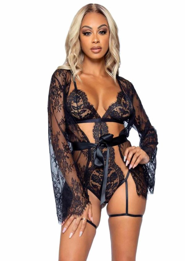 Lace Robe and Ribbon Tie (3 piece) - Medium - Black