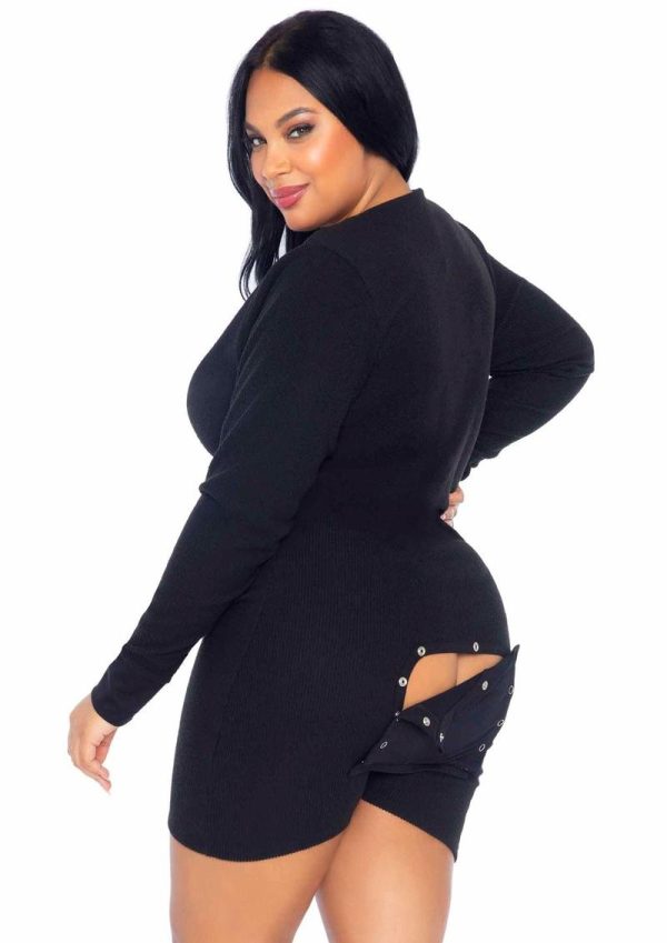 Leg Avenue Brushed Rib Romper Long Johns with Cheeky Snap Closure Back Flap - 1X/2X - Black