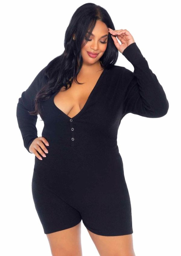 Leg Avenue Brushed Rib Romper Long Johns with Cheeky Snap Closure Back Flap - 3X/4X - Black