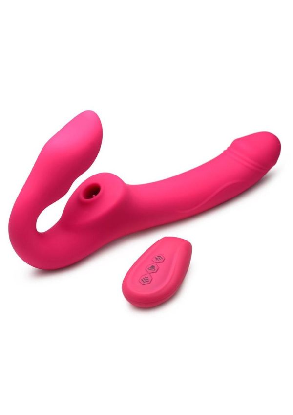 Strap U Licking Vibrating Rechargeable Silicone Strapless Strap-On with Remote Control - Pink