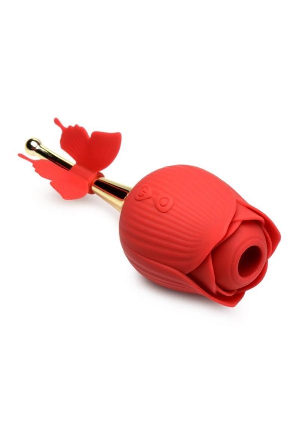 Inmi Bloomgasm Flutter Rose Rechargeable Silicone Sucking Rose with Butterfly Teaser - Red/Gold