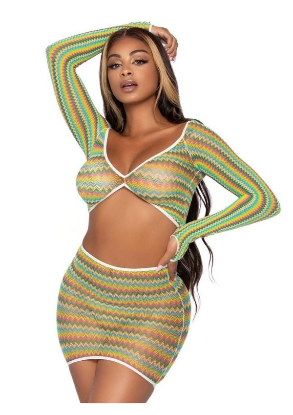 Leg Avenue Zig Zag Net Gauntlet Sleeve Crop Top and Mini Skirt (2 Piece) - O/S - Green