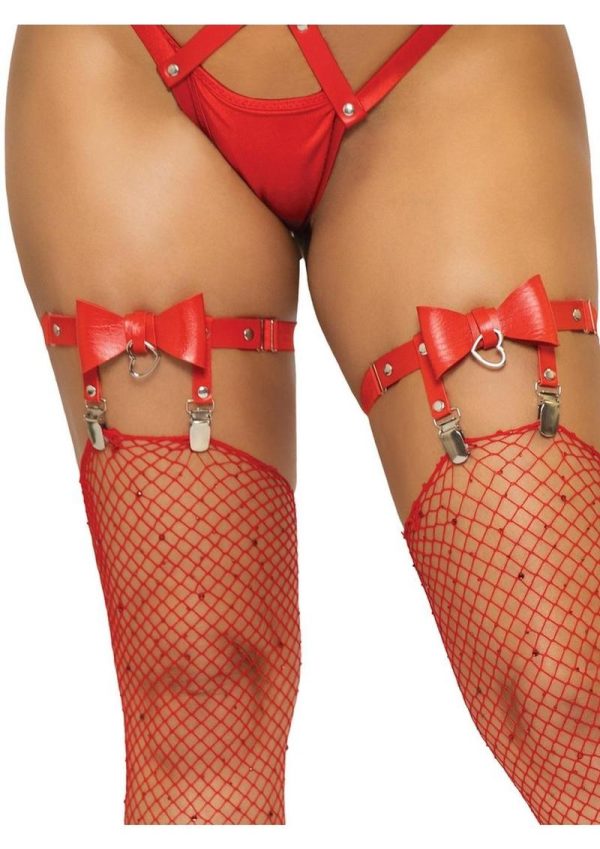 Vegan Leather Thigh High Bow Garter with Adjustable Straps and Heart Ring Accent - O/S - Red