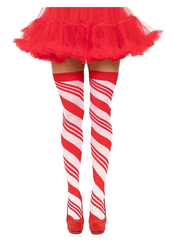 Spandex Sheer Candy Cane Striped Thigh Highs - O/S - Red/White