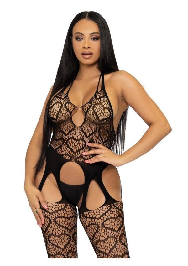 Leg Avenue Seamless Heart Net Suspender Bodystocking - O/S - Black