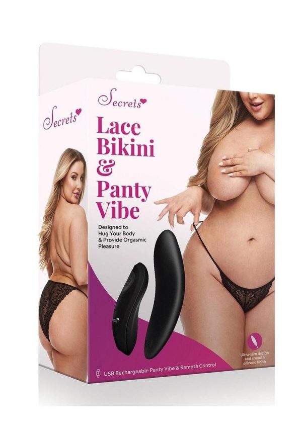 Secrets Lace Panty and Rechargeable Remote Control Panty Vibe - Queen - Black