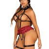 Leg Avenue Vegan Leather O-Ring Studded Harness Teddy with Collar Detail Adjustable Straps and Rip-Away Plaid Skirt - Large - Black