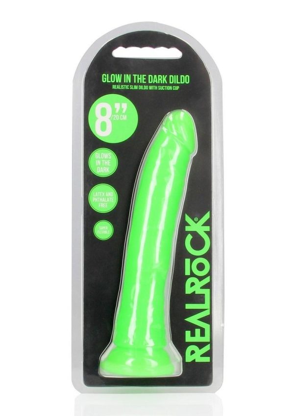 RealRock Slim Glow in the Dark Dildo with Suction Cup 8in - Green