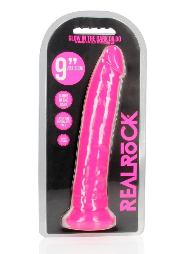 RealRock Slim Glow in the Dark Dildo with Suction Cup 9in - Pink