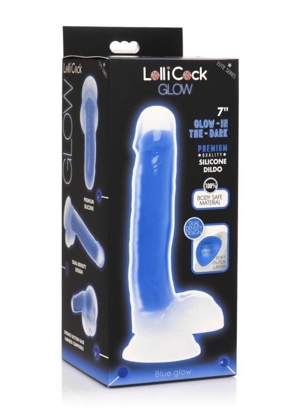 Lollicock Glow in the Dark Silicone Dildo with Balls 7in - Blue