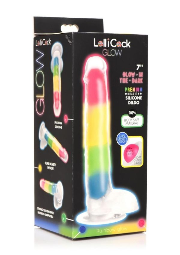 Lollicock Glow in the Dark Rainbow Silicone Dildo with Balls 7in