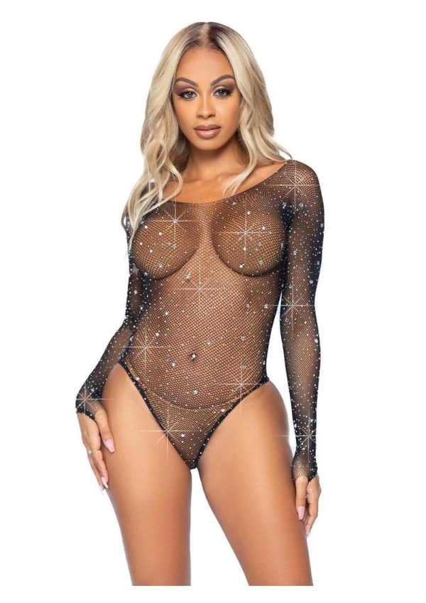 Leg Avenue Galaxy Star Rhinestone Fishnet Bodysuit with Snap Crotch - O/S - Black