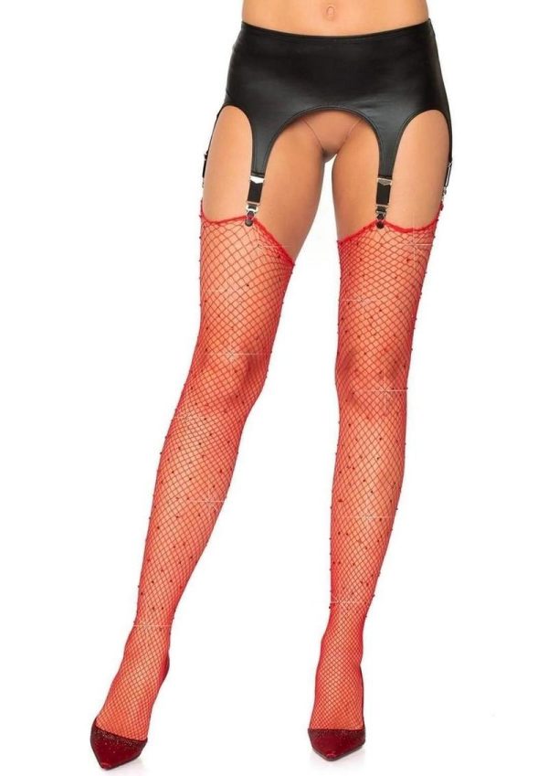 Leg Avenue Rhinestone Fishnet Stockings - O/S - Red