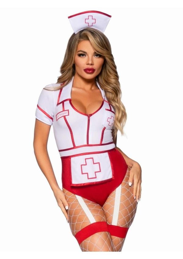 Leg Avenue Nurse Feelgood Snap Crotch Garter Bodysuit with Attached Apron and Hat Headband (2 Piece) - Large - Red/White