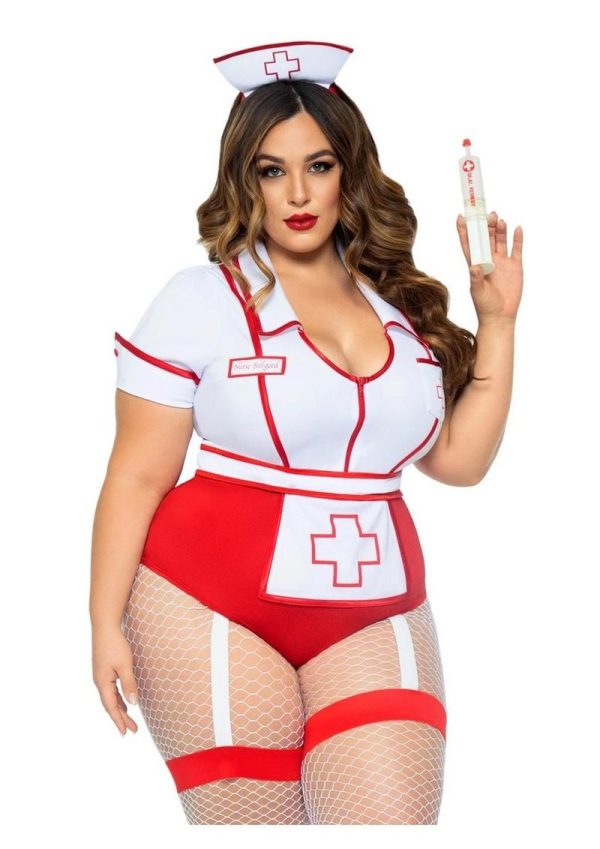 Leg Avenue Nurse Feelgood Snap Crotch Garter Bodysuit with Attached Apron and Hat Headband (2 Piece) - 1X/2X - Red/White