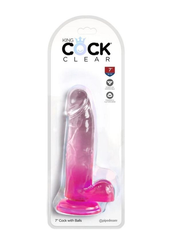 King Cock Clear Dildo with Balls 7in - Pink