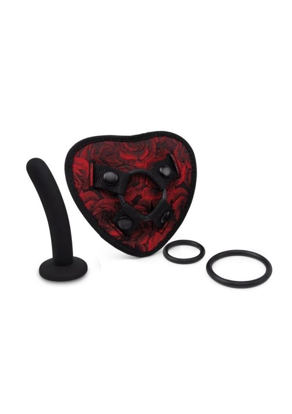 Secret Kisses Rosegasm Strap-On Harness with G-Spot Dildo and Blindfold - Red/Black