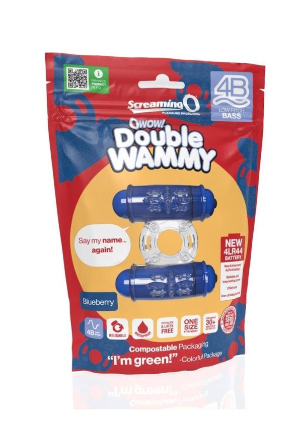 4B Double Wammy Silicone Rechargeable Dual Vibrating Couples Cock Ring - Blueberry