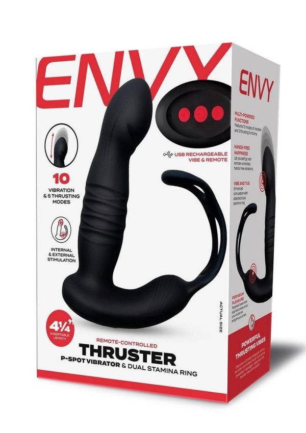 Envy Toys Remote Controlled Thruster Rechargeable Silicone P-Spot Vibrator and Dual Stamina Ring - Black