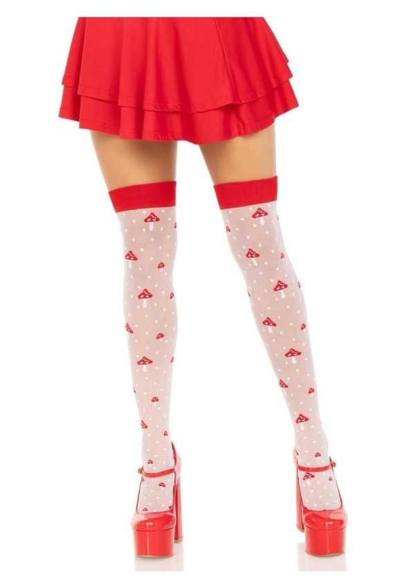 Leg Avenue Spandex Sheer Polka Dot Mushroom Thigh Highs - O/S - White/Red