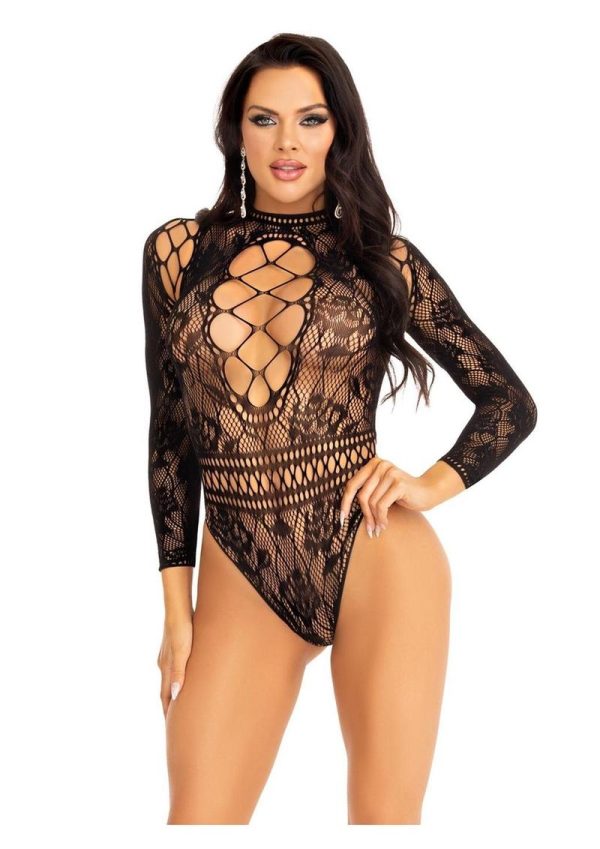 Leg Avenue High Neck Lace and Net Keyhole Back Bodysuit - O/S - Black